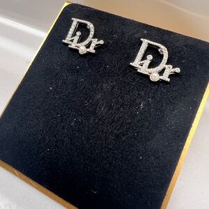 Christian Dior “Dior” Rhinestone & Pearl Logo Stud Earrings Silver Tone